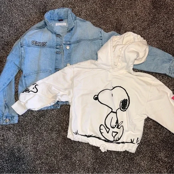 Zara Girls Peanuts Snoopy Denim Jean Jacket AND Hoodie SIZE 11-12 ❤️ - Picture 1 of 9